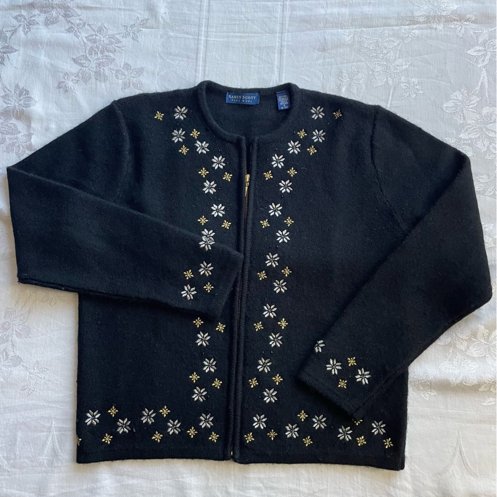 Karen Scott Christmas Cardigan Sweater small Wool Black Embroidered Snowflakes